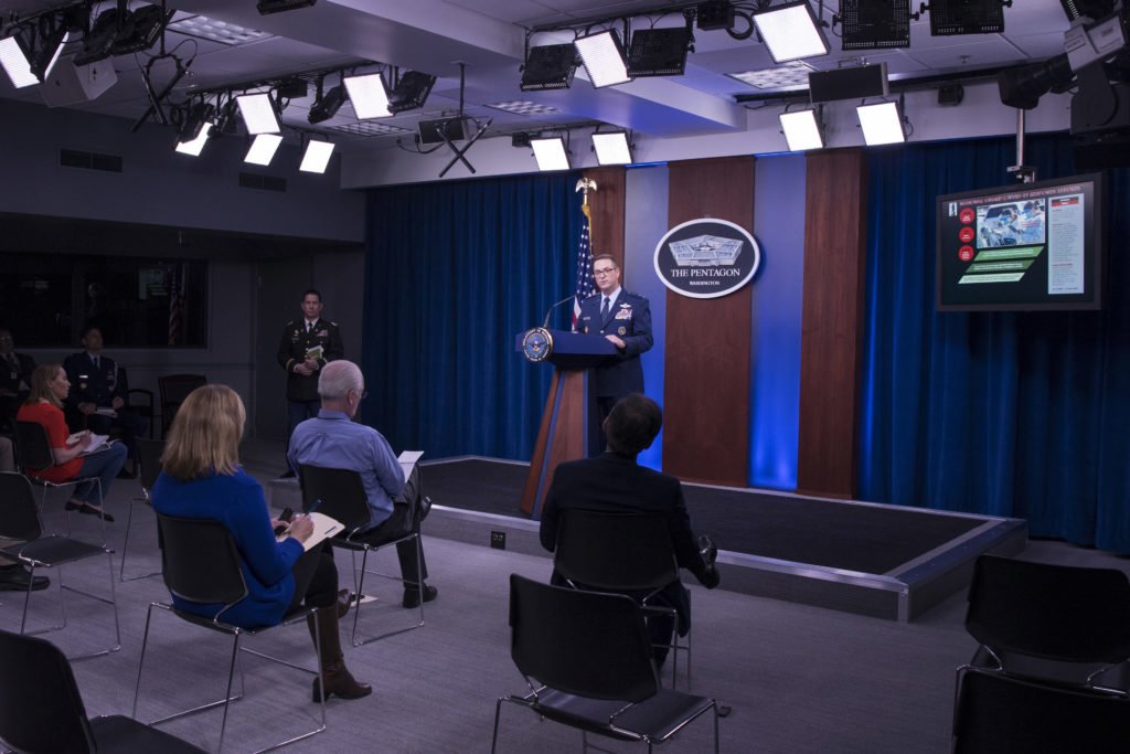Air Force Gen. Joseph L. Lengyel, chief of the National Guard Bureau provides an update on the COVID-19 response at a Pentagon news conference, March 19, 2020. Photo by Army Staff Sgt. Brandy Nicole Mejia, courtesy of the Department of Defense.