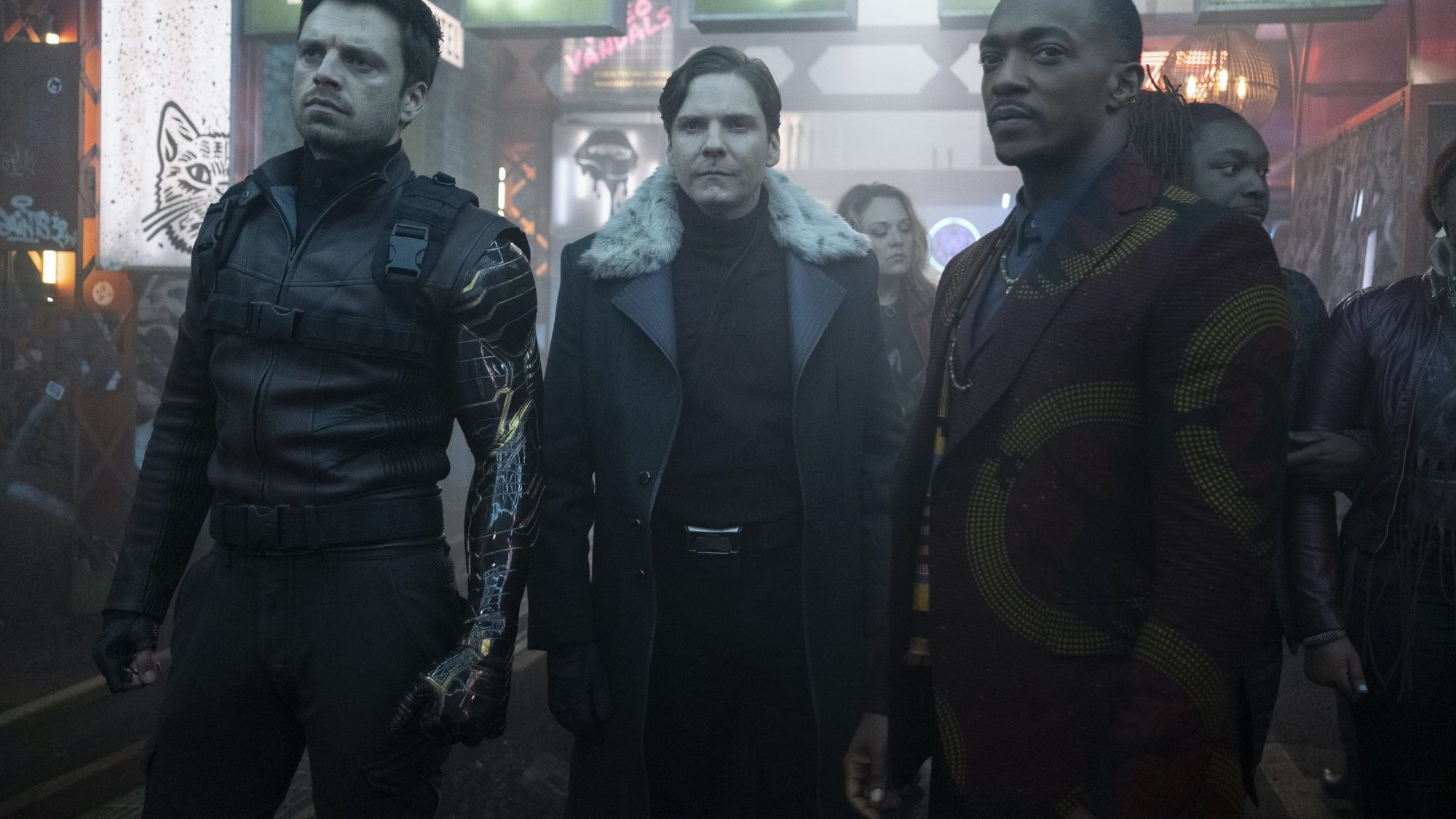 Winter Soldier/Bucky Barnes (Sebastian Stan), Zemo (Daniel Brühl) and Falcon/Sam Wilson (Anthony Mackie) in Marvel Studios’. THE FALCON AND THE WINTER SOLDIER exclusively on Disney+. Photo by Chuck Zlotnick. ©Marvel Studios 2021. All Rights Reserved.