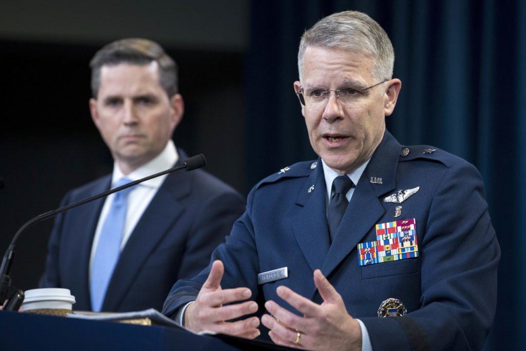 Jonathan Rath Hoffman, left, assistant to the secretary of defense for public affairs, and Air Force Brig. Gen. (Dr.) Paul Friedrichs, Joint Staff surgeon, brief reporters at the Pentagon, March 16, 2020. Photo by Lisa Ferdinando, courtesy of the Department of Defense.