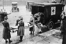 Influenza epidemic in United States. St. Louis, Missouri, Red Cross Motor Corps on duty, October 1918. (National Archives)