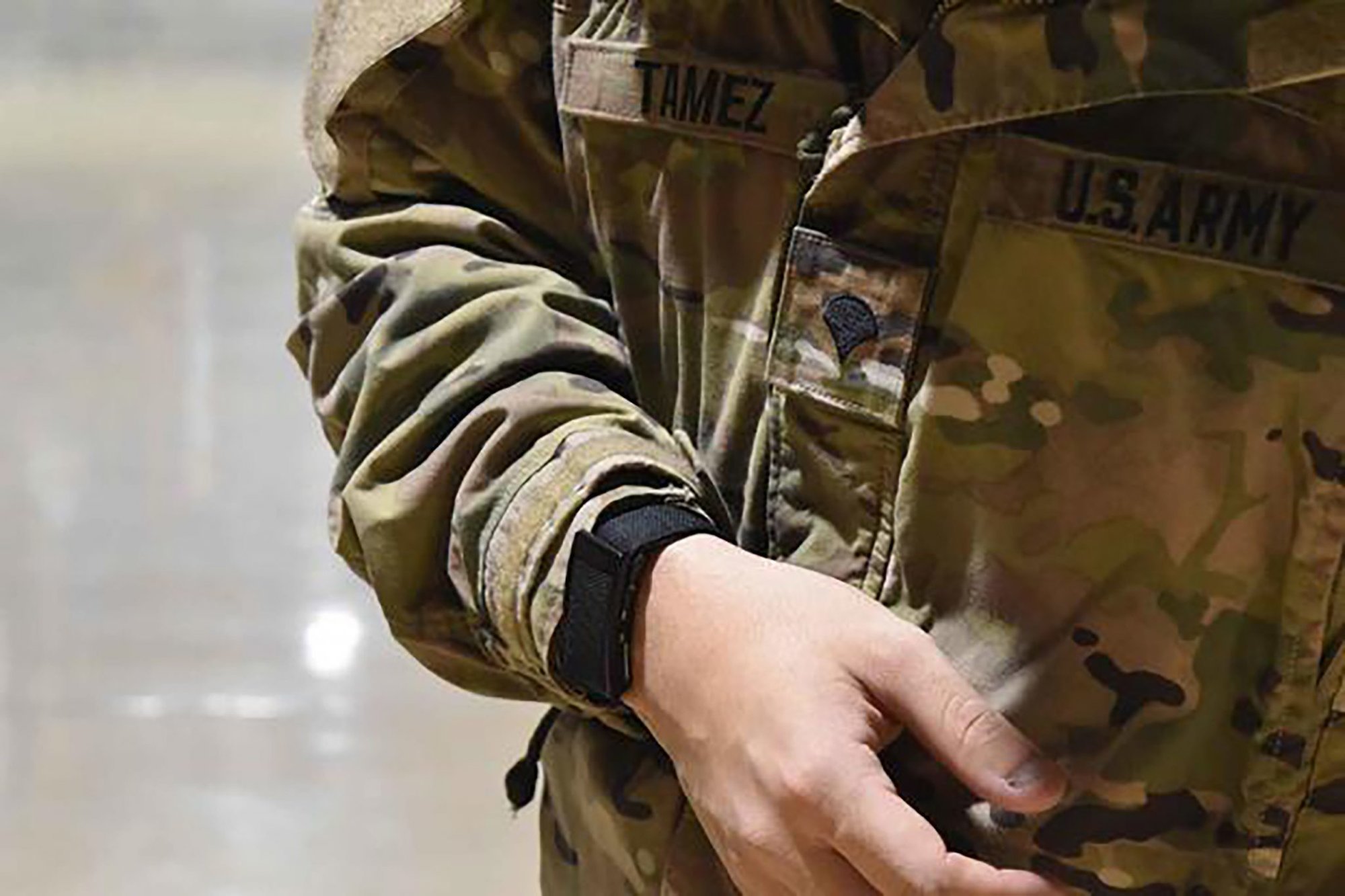U.S. Army soldier wearing a WHOOP device. The company has partnered with the U.S. Army to test the resiliency of soldiers operating in Arctic environments. (Photo courtesy of WHOOP)
