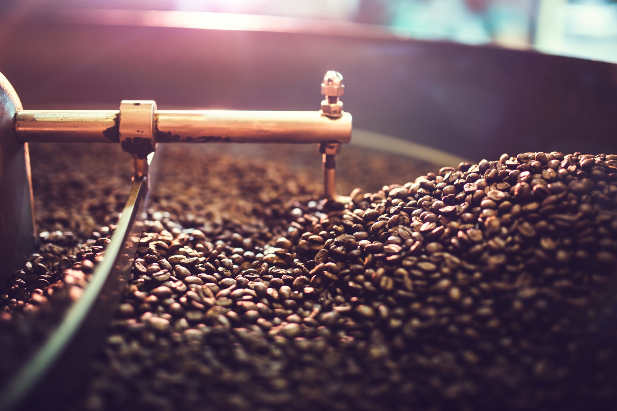 The process of roasting a batch of high-quality, single-origin coffee beans in a large industrial roaster; the toasted beans are in the cooling cycle. Photo courtesy of Getty Images.