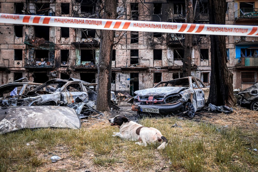 A scene of the latest Russian rocket attack that damaged a multi-story apartment building.