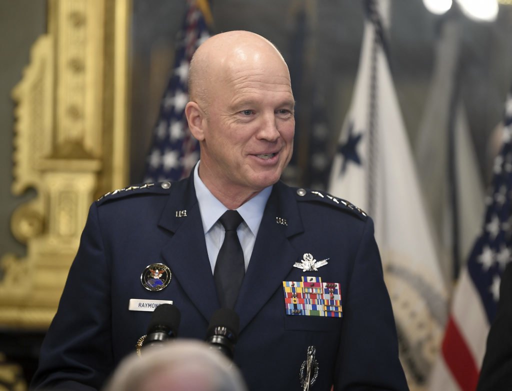 After being sworn in as the first Chief of Space Operations by Vice President of the United States Michael Pence, General John Raymond addresses the audience in the Executive Eisenhower Office Building, Washington, Jan. 14, 2020. Photo by Andy Morataya/U.S. Air Force.