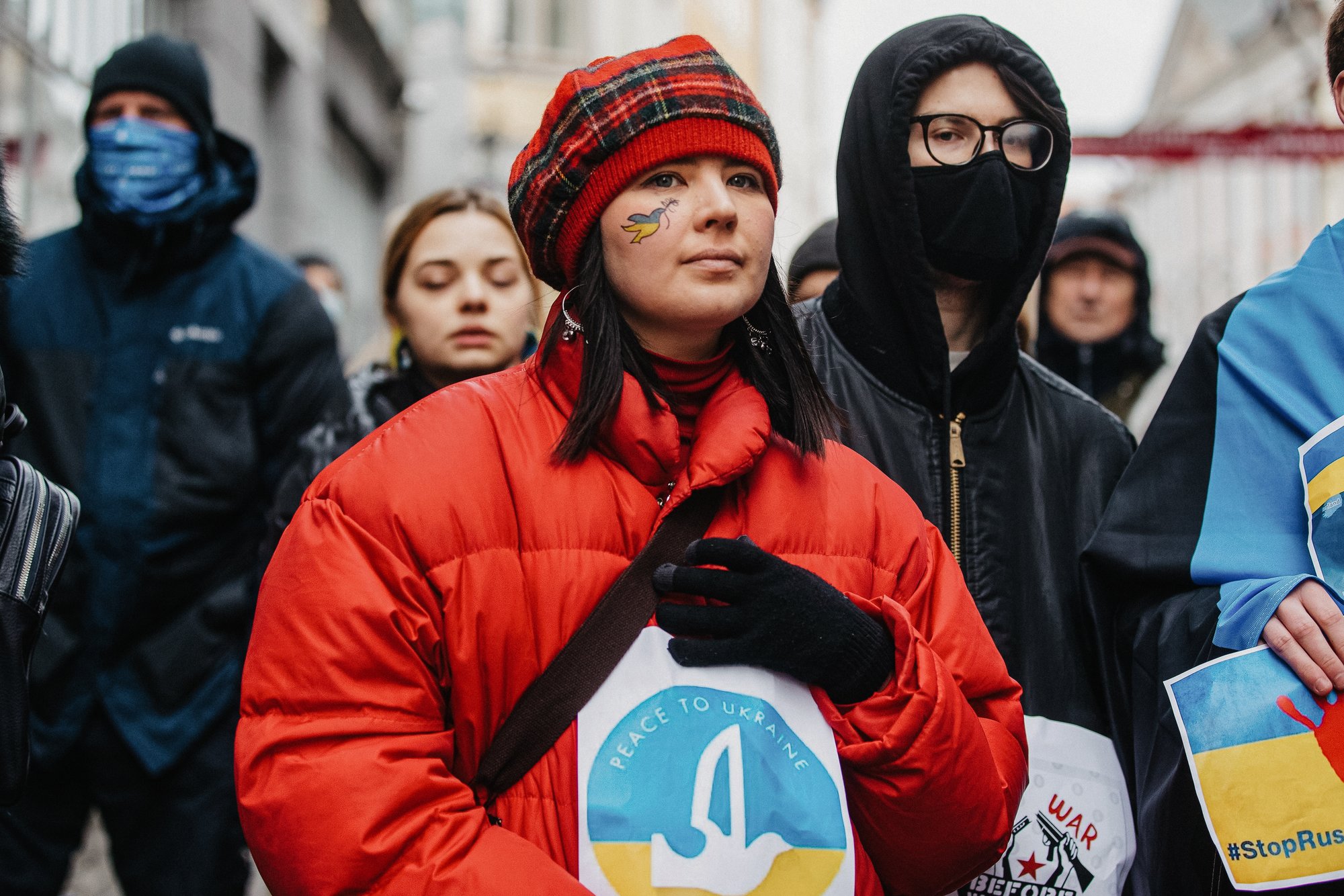 People, including Ukrainians, take part in a demonstration in support of Ukraine outside the Russian Embassy in Tallinn, Estonia, Thursday, Feb. 24, 2022. AP photo by Raul Mee.