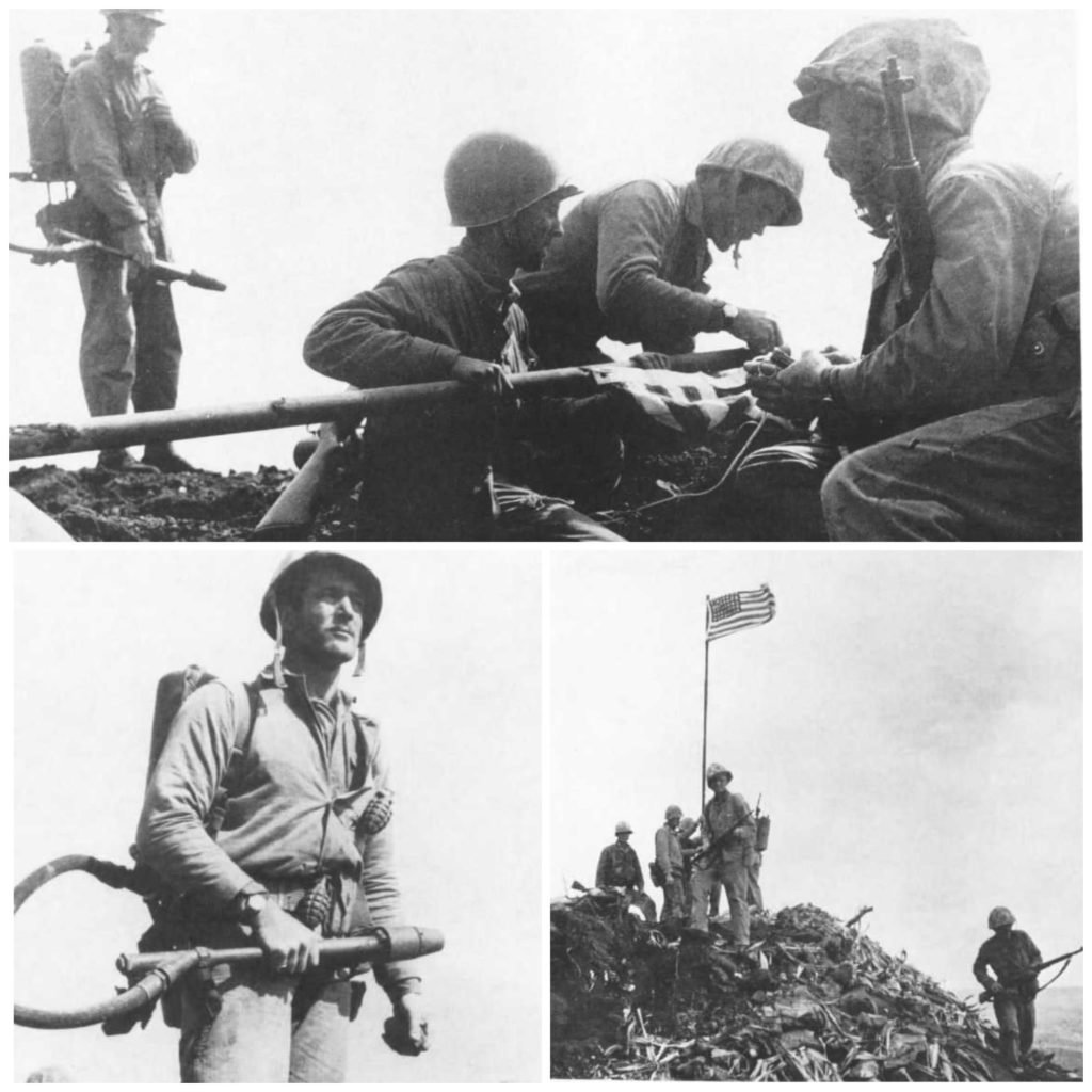 Cpl. Charles W. Lindberg, who earned the Silver Star for bravery, reaches top of Mount Suribachi shortly before taking part in the first flag raising at Iwo Jima. Photos courtesy of https://www.marines.mil/