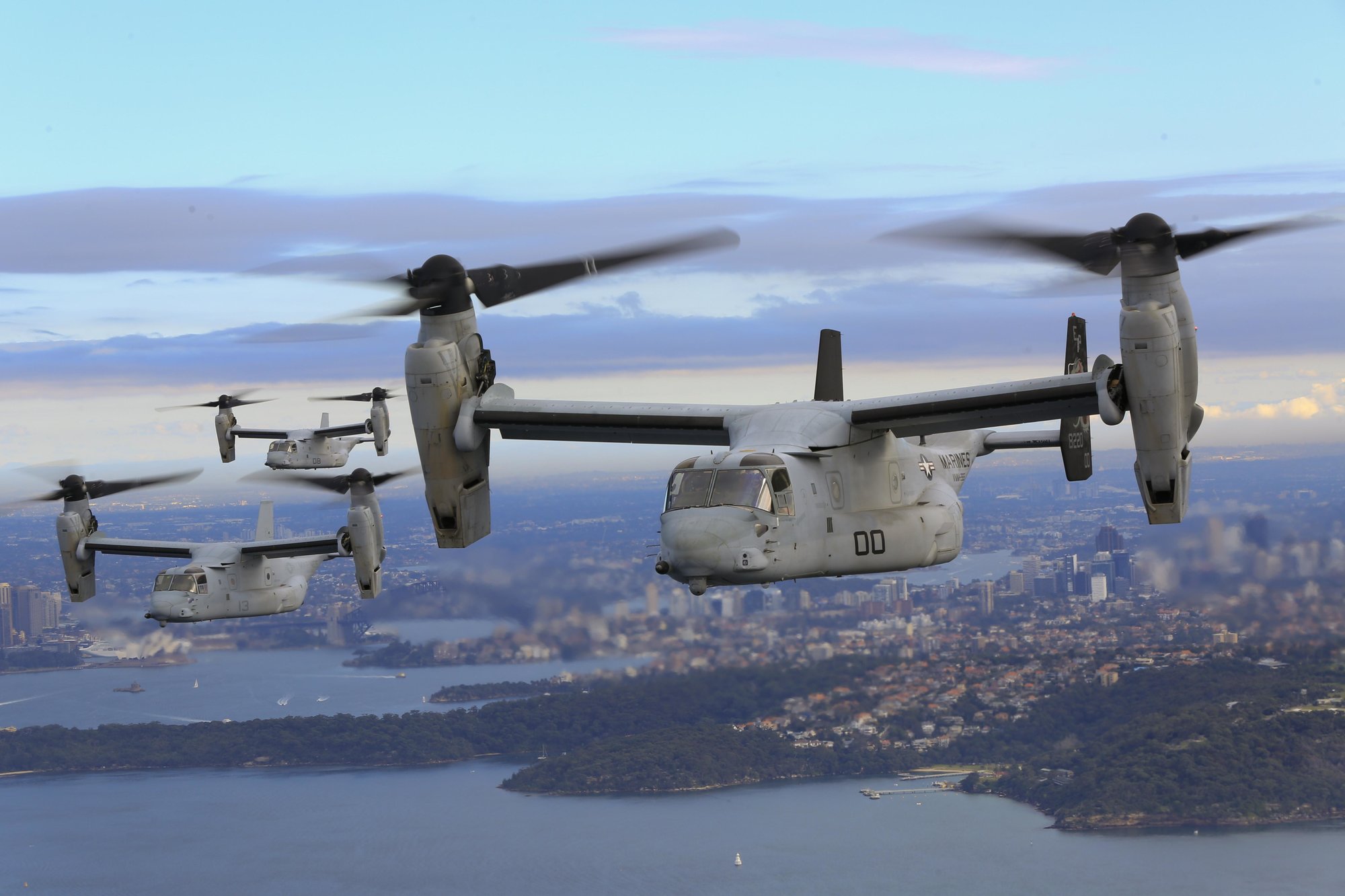 The MV-22 Osprey’s mission for the US Marine Corps is the transportation of troops, equipment, and supplies from ships and land bases for combat assault and assault support. US Navy photo.