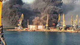 A Russian cargo ship burns at the port of Berdyansk, struck by a Ukrainian missile. Picture courtesy of Brig. Gen. Kyrylo Budanov.