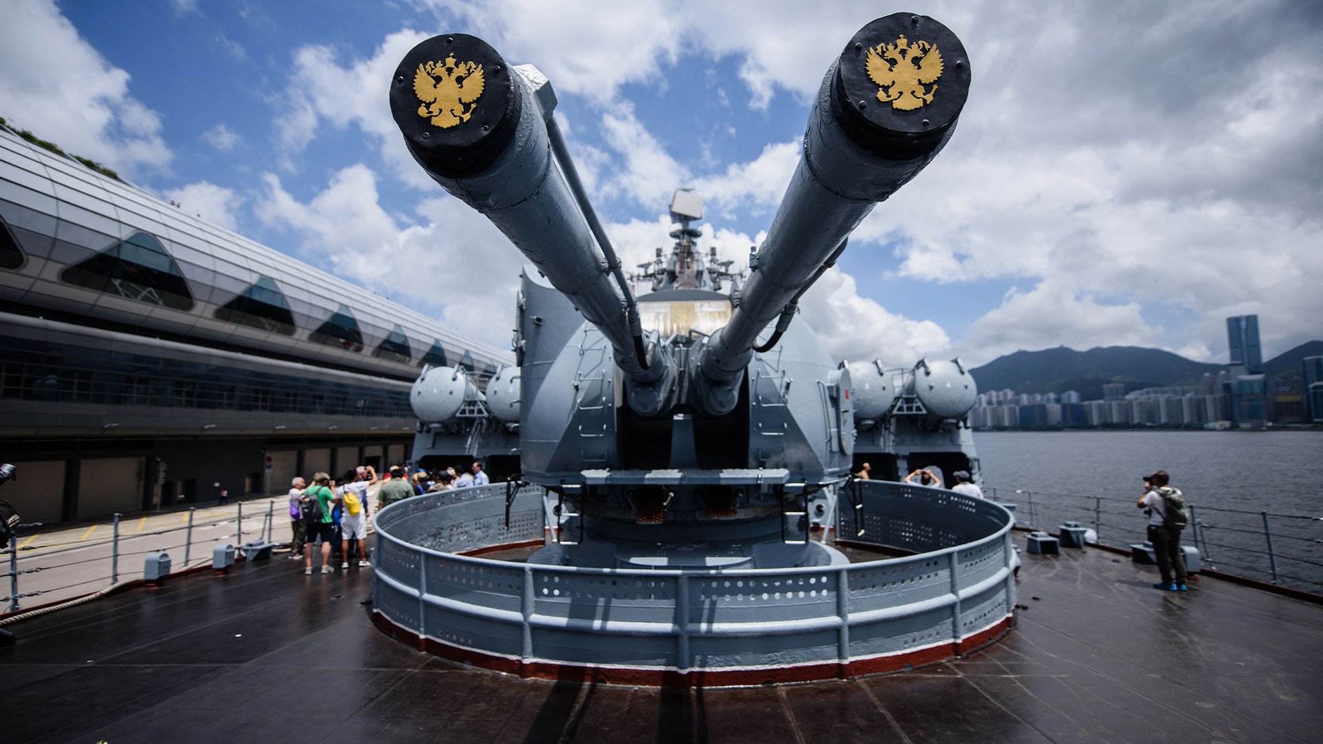 A gun turret is seen on the deck of the Russian guided-missile cruiser Varyag in Hong Kong on June 5, 2017. The vessel is the flagship of a Russian flotilla participating in war games that kicked off with Chinese forces in the East China Sea on Dec. 21, 2022. Photo by Anthony Wallace/ AFP via Getty Images.