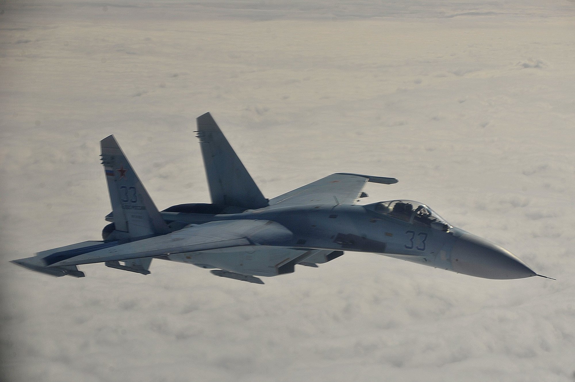 A Russian Federation Air Force Su-27 Sukhoi intercepts a simulated hijacked aircraft entering Russian airspace, Aug. 27, 2013 at Exercise Vigilant Eagle (VE) 13. U.S. Air Force photo by Tech. Sgt. Jason Robertson