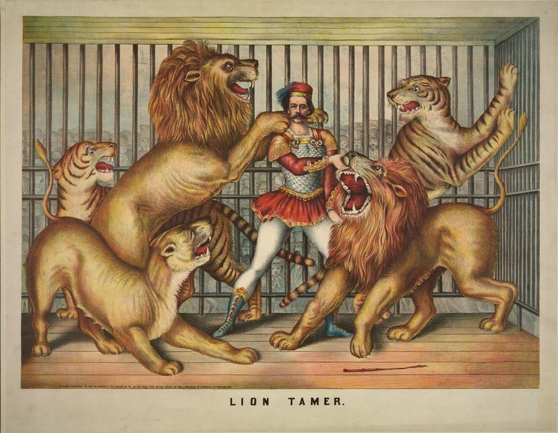 “Lion Tamer,” depicting a lion  tamer in a cage with two lions, a lioness, and two tigers. A chromolithographic image
by Gibson & Co. (Cincinnati, Ohio), c1873.  Library of Congress image.