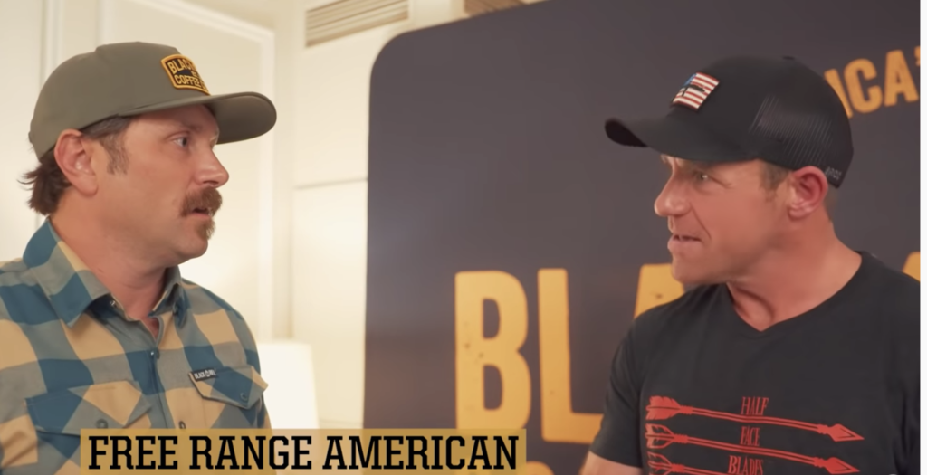 Evan Hafer and Eddie Gallagher record an episode of Free Range American in Las Vegas during SHOT Show. Screen grab taken from "GUNPOWDER, RACE CARS & COFFEE - CAF Life: Vegas & 2020" on the Black Rifle Coffee Company YouTube page.