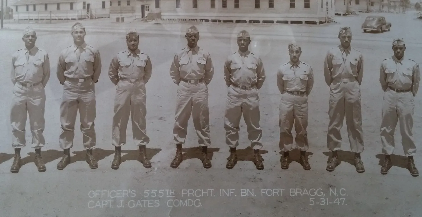 Officers of the 555th Parachute Infantry Regiment pose for a photo while at Fort Bragg, North Carolina. Photo by Maj. Thomas Cieslak/3rd Brigade Combat Team, 82nd Airborne Division, courtesy of the U.S. Army.