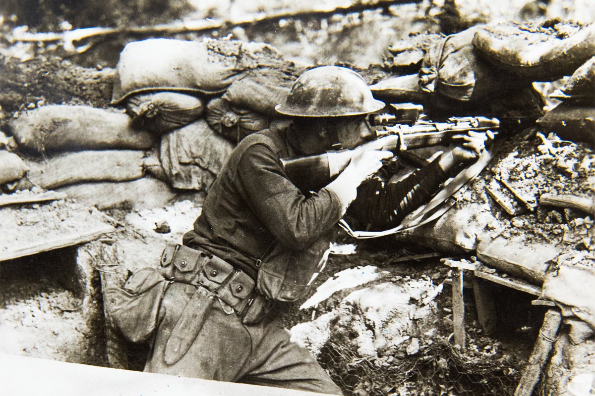 Pvt. Leo R. Hahn, Intelligence Dept. 127th Infantry sniper. In two days he has hit two German snipers. He is the champion marksman of the 127th Infantry, Co. L, 127th Infantry. Benhols, Alsace, Germany. Photo taken June 27, 1918. Photo by Cpl. A. Hanson, Signal Corps.