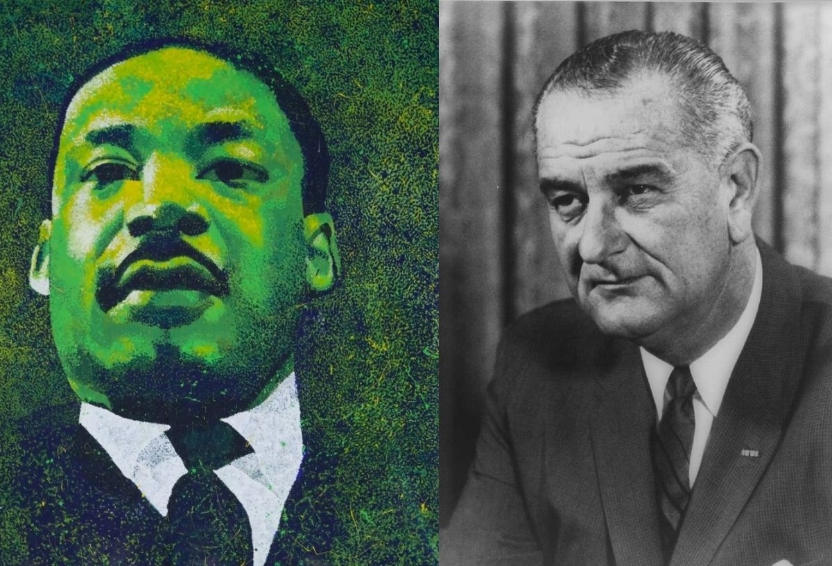 The Rev. Martin Luther King Jr. (left) as depicted by the Martin Luther King, Jr. Memorial Library in Washington, DC, and (right) President Lyndon B. Johnson in 1964.  MLK photo from Photographs in the Carol M. Highsmith Archive, Library of Congress, Prints and Photographs Division; LBJ photo from Library of Congress.