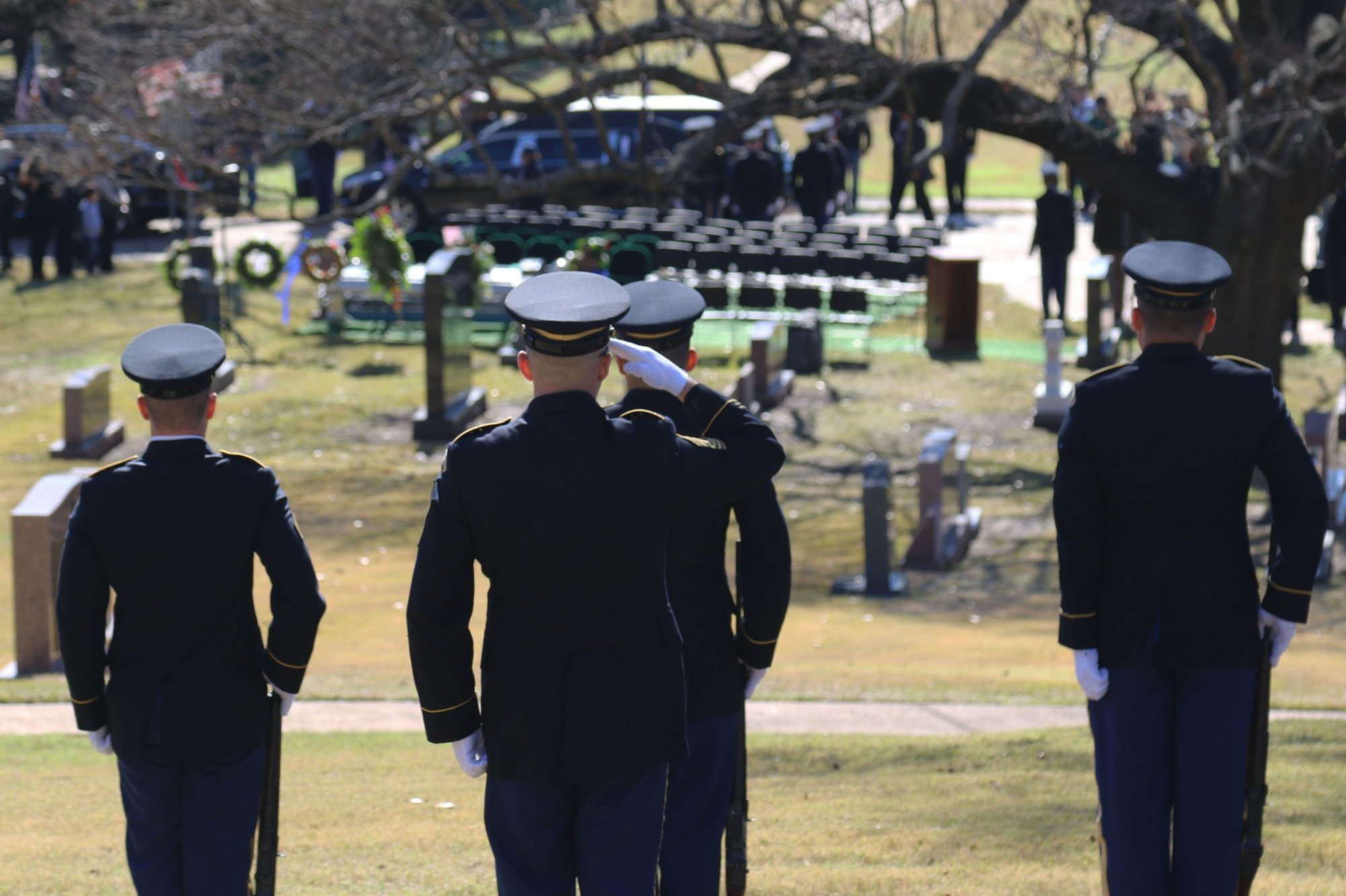 Service Members on the Texas Military Department’s Military Funeral Honors team provide rendering of honors to Richard A. Overton, America’s Oldest World War II veteran, at the Texas National Cemetery in Austin, Texas on Jan. 12, 2019. The burial ceremony brought together loved ones, service members, and the public. U.S. Army National Guard photo by Spc. Gerardo Escobar