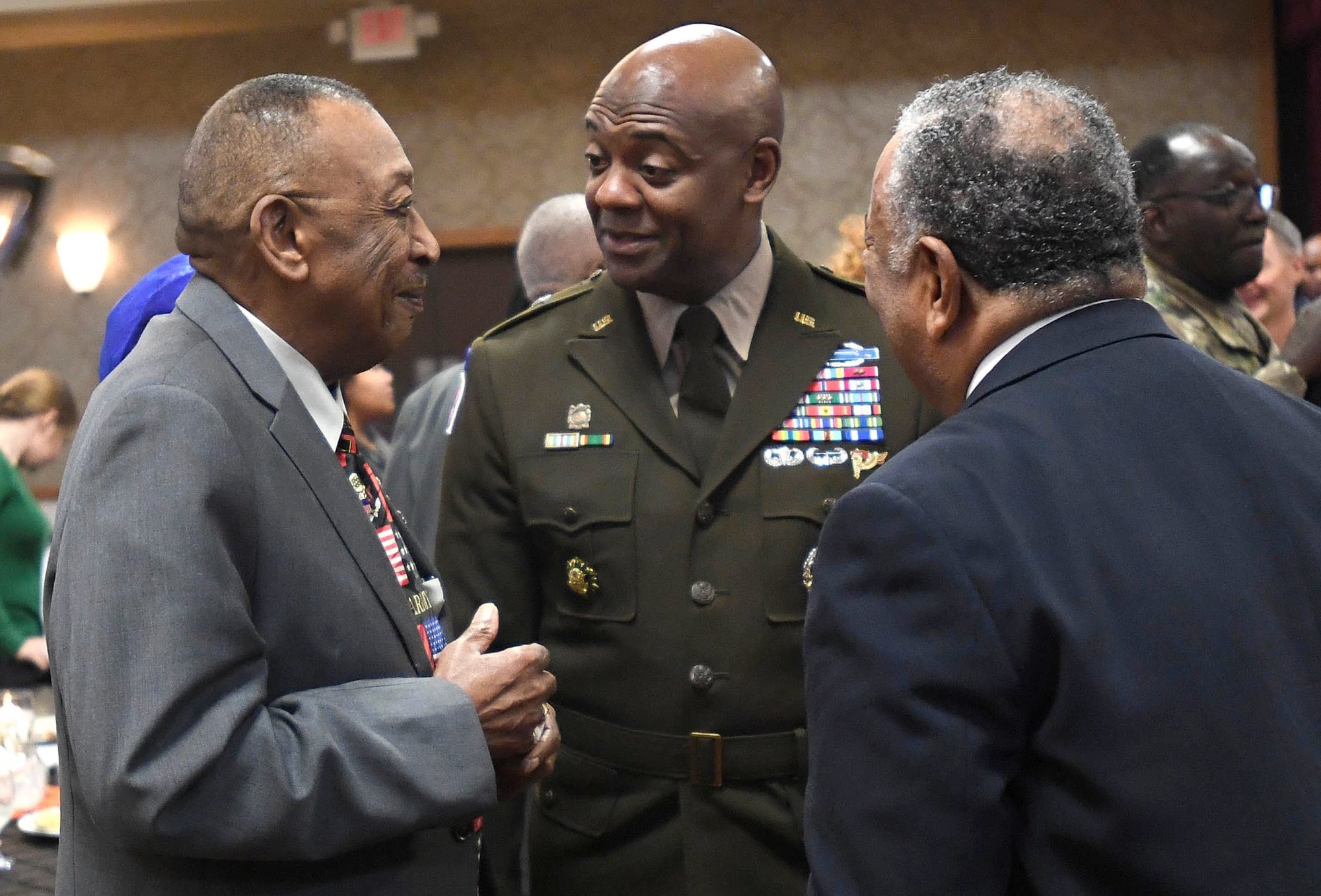 Army veteran Robert Young talks with US Army Training Center Commander Brig. Gen. Milford “Beags” Beagle Jr., after the African American and Black History Month observance Feb. 21, 2020, at the NCO Club at Fort Jackson, South Carolina. Fort Jackson Public Affairs Office photo by Sgt. Alexandra Shea.