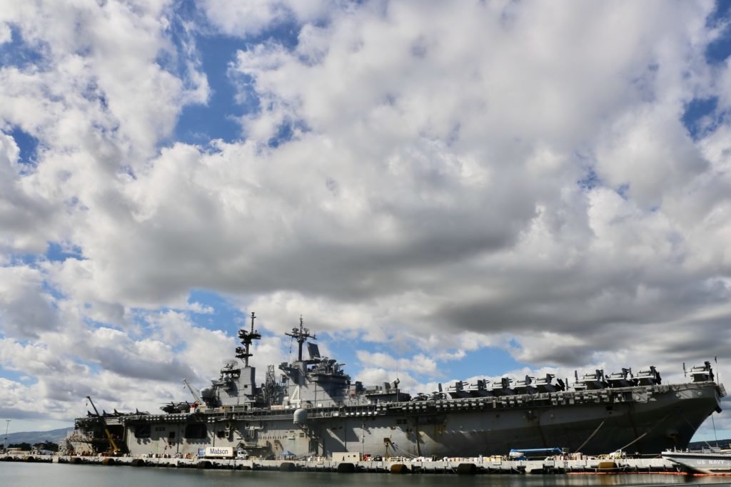 The USS Boxer (LHD 4) sits alongside Hotel Pier during a port visit to Joint Base Pearl Harbor-Hickam. (U.S. Navy Photo by Shannon Haney)