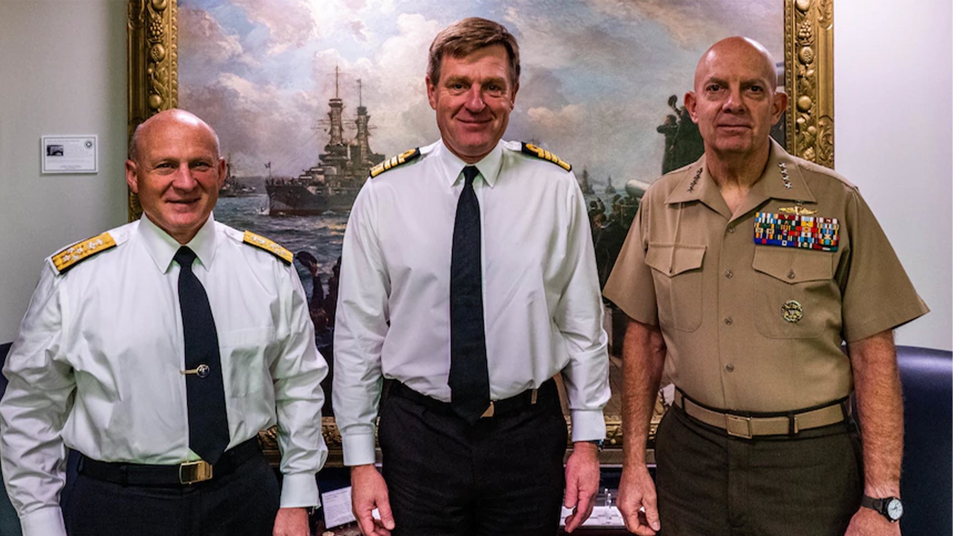 Chief of Naval Operations Adm. Mike Gilday (left) and Royal Navy First Sea Lord and Chief of Naval Staff Adm. Sir Ben Key (center) meet with the Commandant of the US Marine Corps, Gen. David Berger, at the Pentagon on Oct. 20, 2022. US Navy photo by Mass Communications Specialist 1st Class Michael Zingaro.
