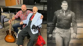 Left, Jason Sever meets with 102-year-old Tommy Gwynn; right, Tommy Gwynn, then a World War II lieutenant. Photo courtesy of Operation Song.
