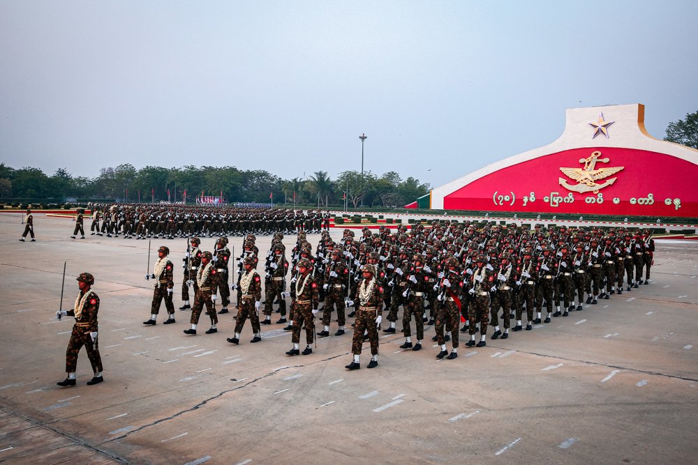 Military officers march during a parade to commemorate Myanmar's 78th Armed Forces Day in Naypyitaw, Myanmar.