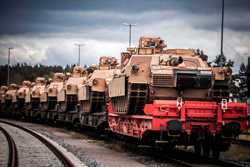 M1A1 Abrams tanks arrive in Grafenwoehr, Germany, May 13, 2023.