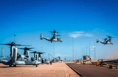 MV-22B Osprey tiltrotor aircraft with Marine Medium Tiltrotor Squadron 363 (Reinforced), Marine Rotational Force - Darwin 23, take off in Darwin, Northern Territory, Australia, April 28, 2023. Working alongside Australian Allies, MRF-D is postured and ready to respond to crisis and contingency in the region, contributing to a safe and prosperous Indo-Pacific. U.S. Marine Corps photo by Sgt. Ryan Hageali.