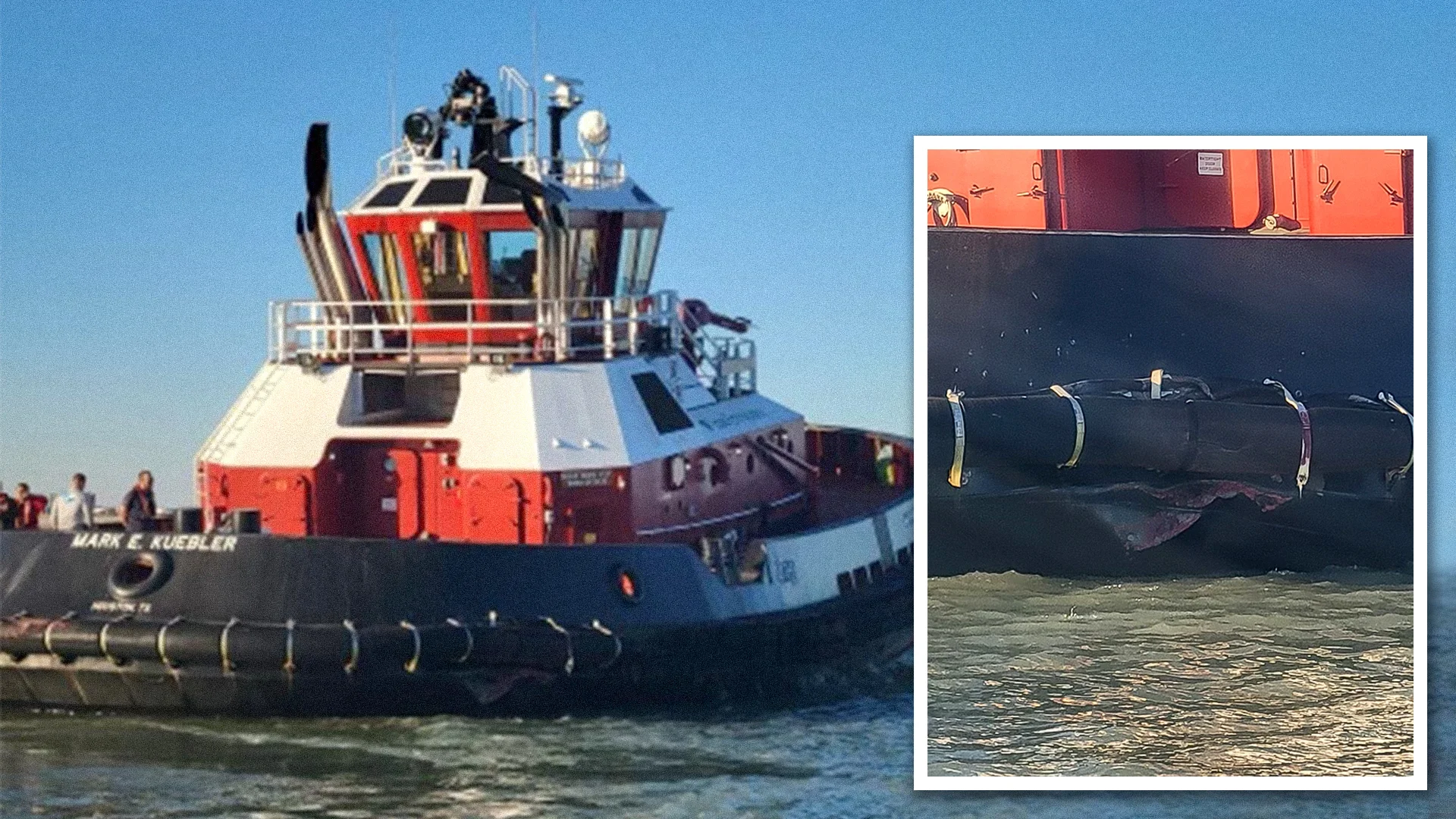 The damaged tug Mark E. Kuebler grounded near Corpus Christi, Texas, on Sunday, Jan. 22, 2023. A large gash is visible just above the waterline. Photos courtesy of Boatswain’s Mate 2nd Class Merrit Carter. Composite by Kenna Lee/Coffee or Die Magazine.