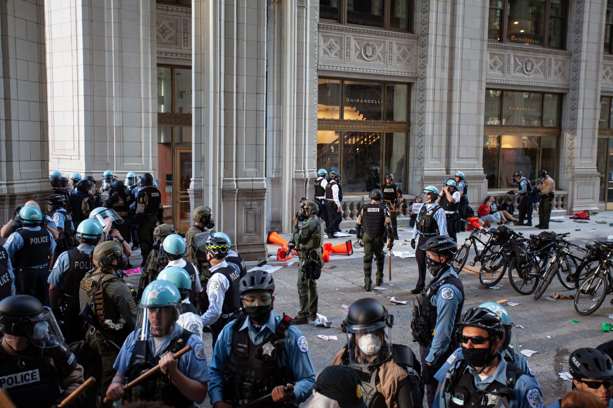 Chicago police and federal law enforcement standing by during the George Floyd protests in downtown Chicago.