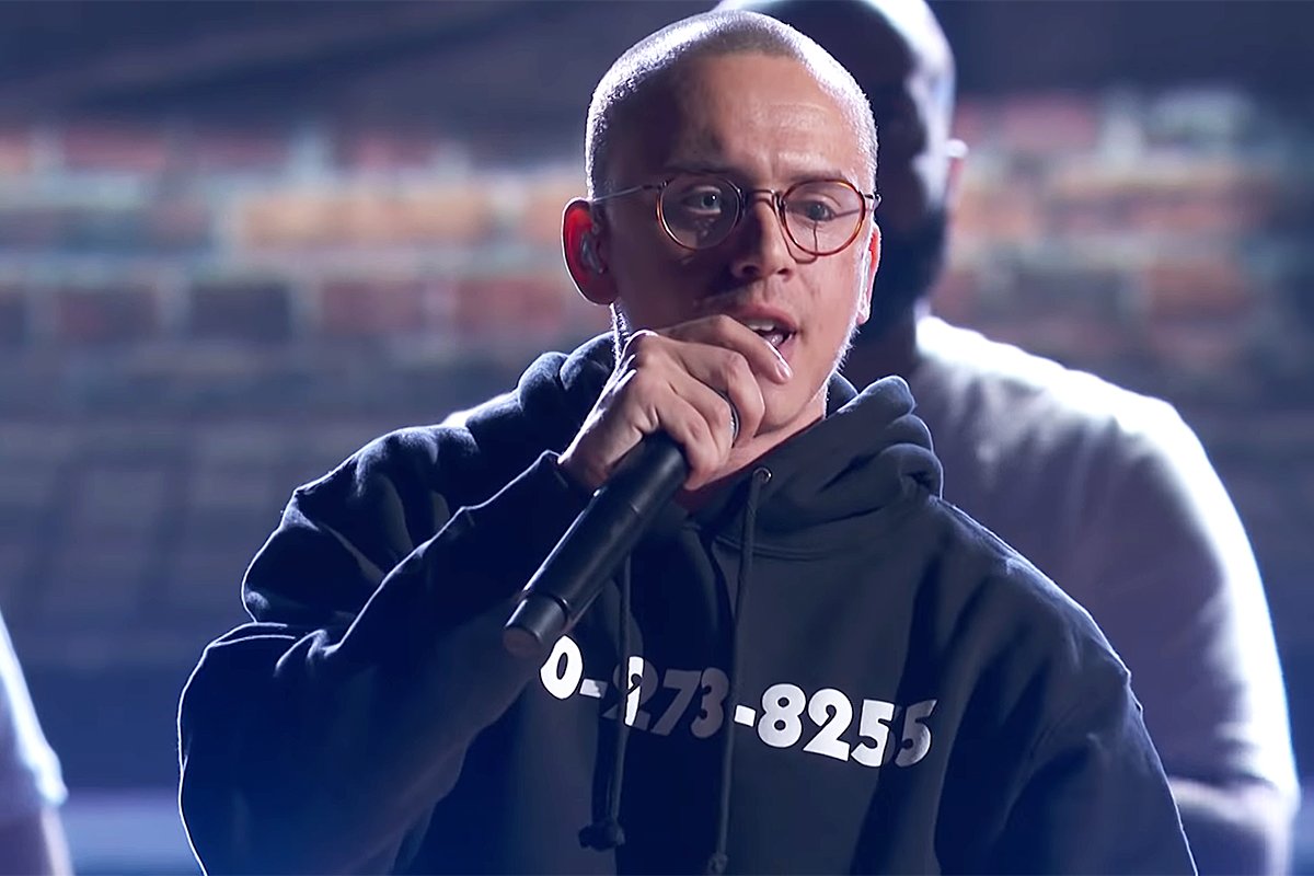 Rapper Logic performs his song “1-800-273-8255” at the 2017 MTV Video Music Awards. Screenshot via YouTube.