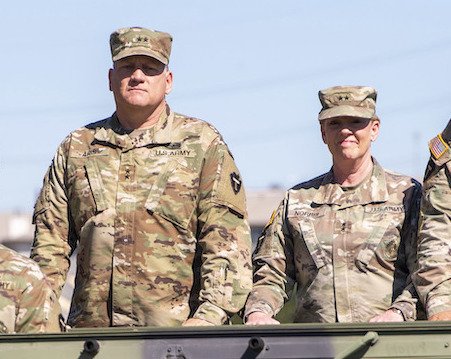 Maj. Gen. Charles Aris, left, commanding general of 36th Infantry Division and Texas Adjutant General, Maj. Gen. Tracy Norris. Both were removed from their positions this week as questions about the Guard’s extended deployment to the Mexican border grew. Army National Guard photo by Master Sgt. Malcolm McClendon.