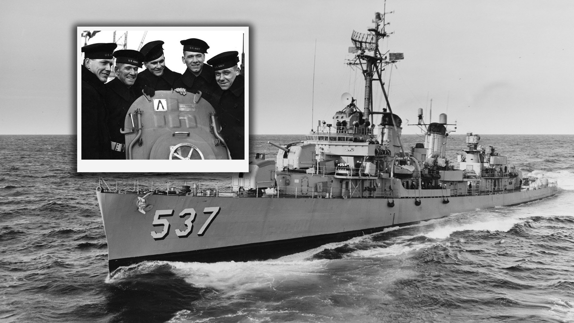 The five Sullivan brothers lost their lives while serving in World War II. The USS The Sullivans (DD-537), a Fletcher-class destroyer, pictured here in 1962, was named in their honor. Wikimedia Commons photos. Composite by Coffee or Die Magazine.
