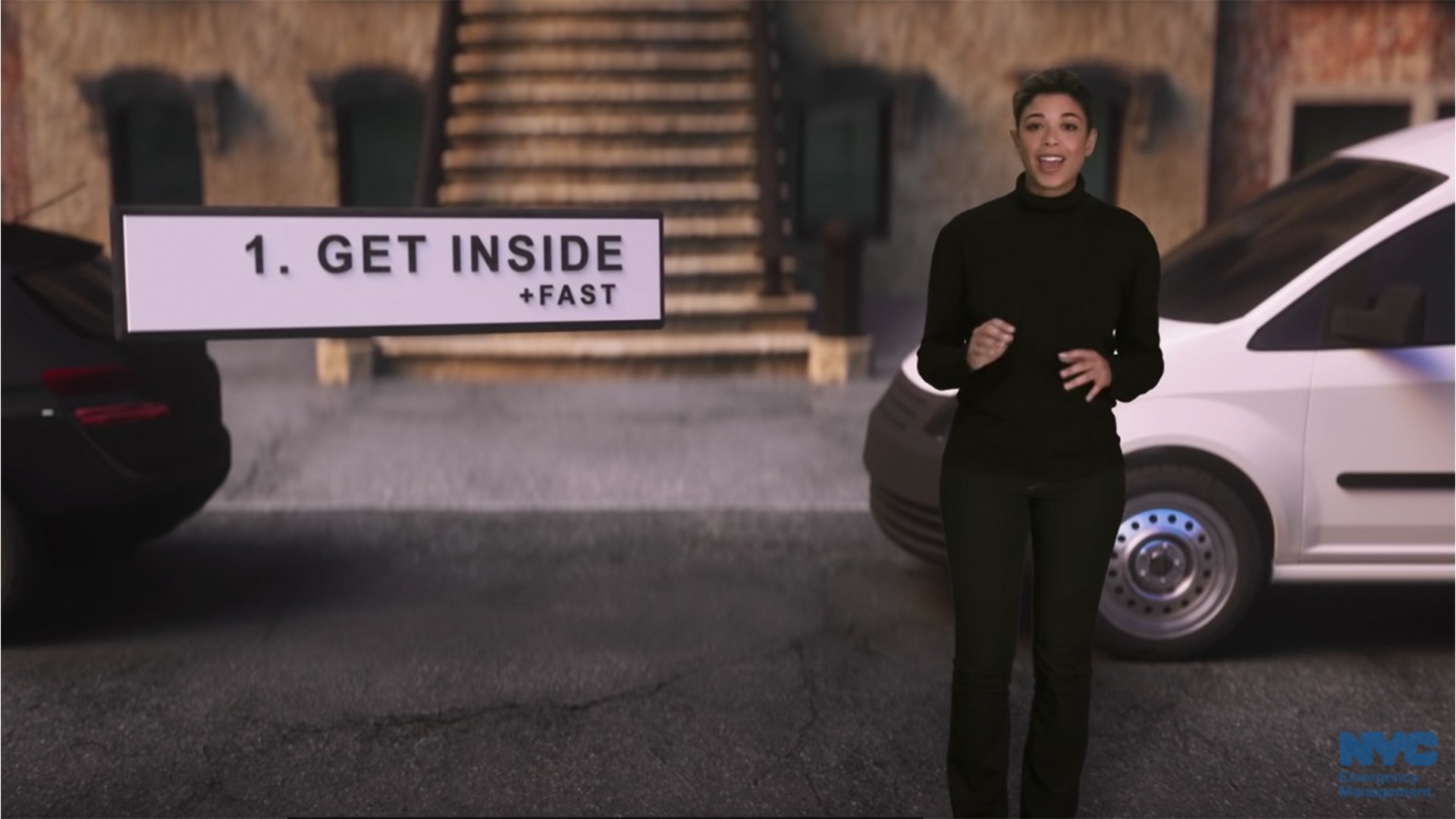 "Get Inside — Fast." Gee, thanks for that. I often forget to move quickly and seek shelter in times of extreme crisis. Screenshot from NYC Nuclear Preparedness PSA/YouTube. 
