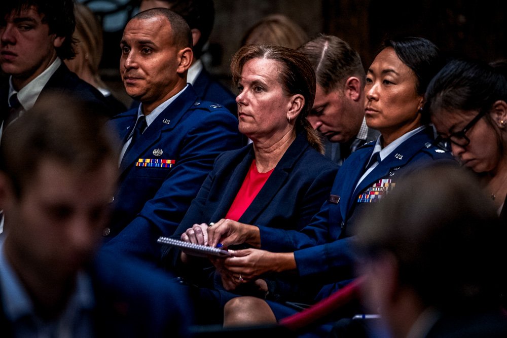 Former aide Army Col. Kathryn Spletstoser sits in the audience as Gen. John Hyten appears before the Senate Armed Services Committee on Capitol Hill in Washington, Tuesday, July 30, 2019.