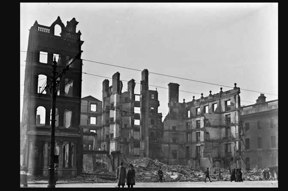 All that remained of Dublin’s Metropole Hotel, beside the General Post Office on Sackville Street (now O’Connell Street), after the Easter Rising, 1916. A May of 1916 photo now in the National Library of Ireland.
