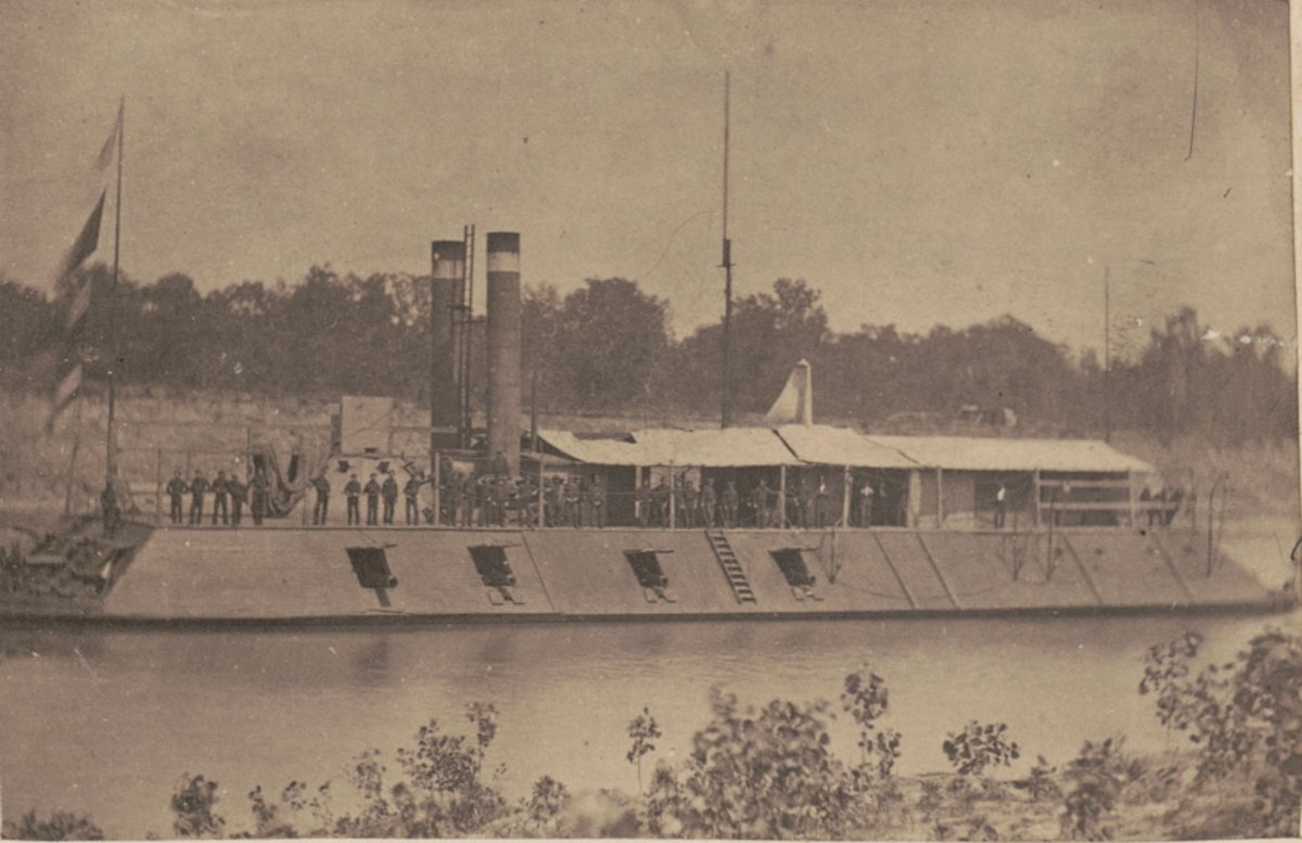 Ironclad gunboat Louisville on the Red River, an albumen print on card mount by McPherson & Oliver, now in the Liljenquist Family collection, Library of Congress.