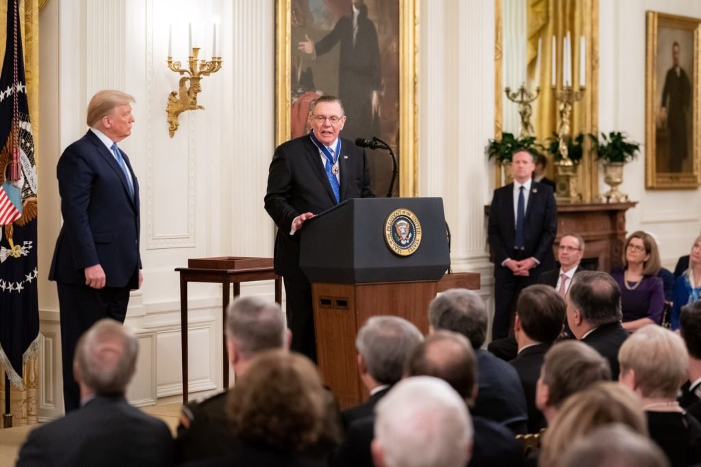 Keane speaks after being honored with the Presidential Medal of Freedom by President Donald Trump at the White House. U.S. Army photo.