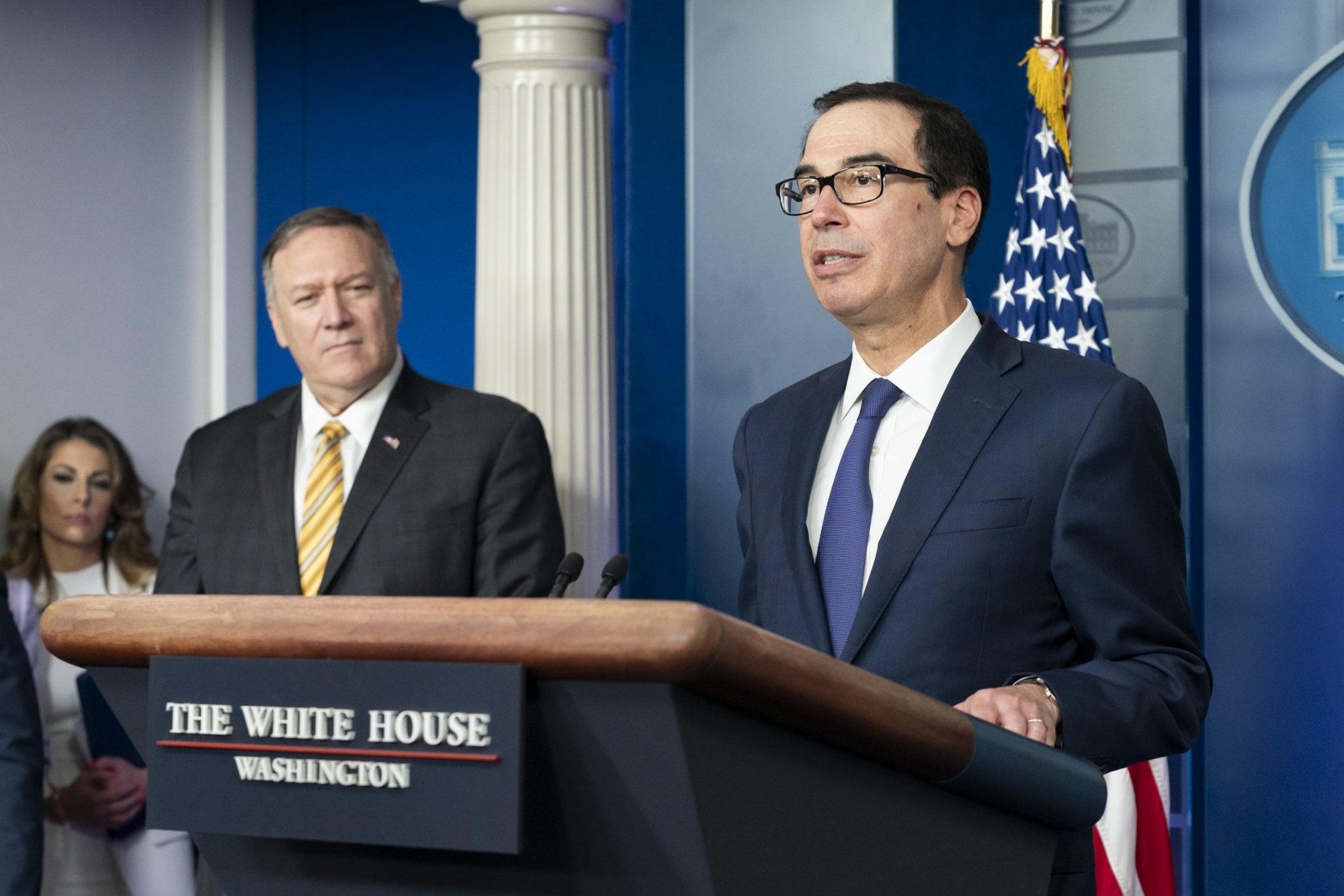 Secretary of State Mike Pompeo and Secretary of the Treasury Steven Mnuchin speak to reporters Tuesday, Sept. 10, 2019, in the James S. Brady Press Briefing Room of the White House. Official White House Photo by Andrea Hanks