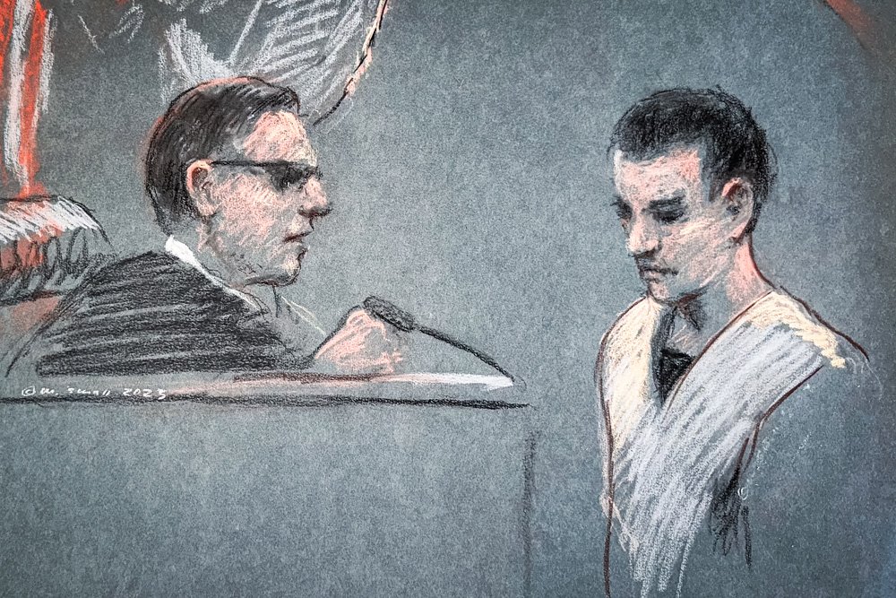 In this artist depiction, Massachusetts Air National Guardsman Jack Teixeira, seated second from right, appears in U.S. District Court, in Boston.