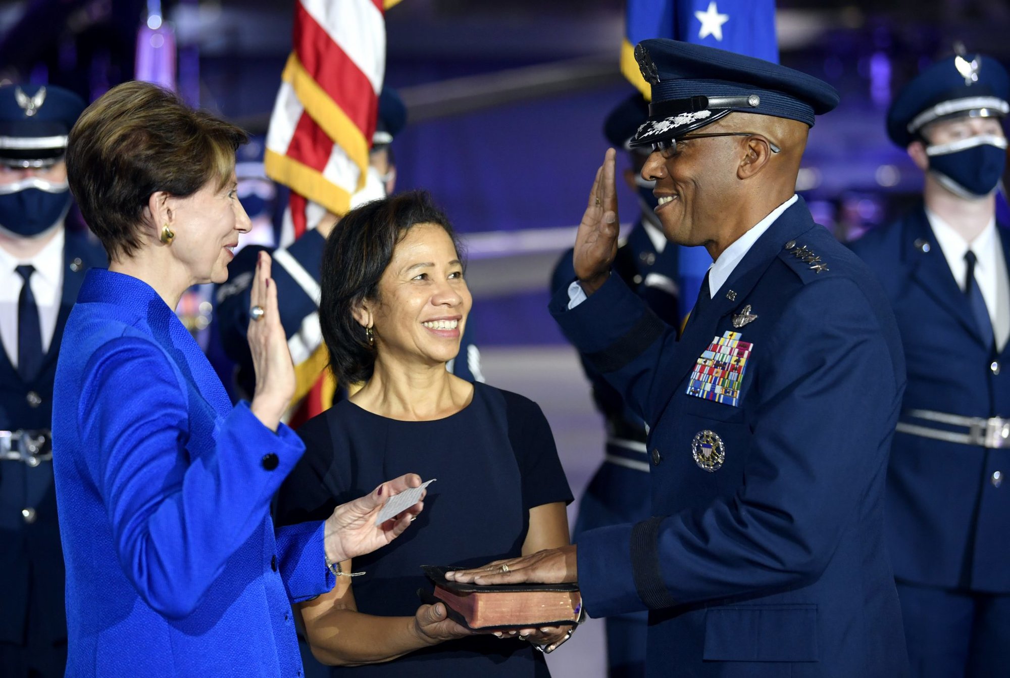 Secretary of the Air Force Barbara M. Barrett administers the oath of office to incoming Air Force Chief of Staff Gen. Charles Q. Brown Jr.during the CSAF Transfer of Responsibility ceremony at Joint Base Andrews, Maryland, Aug. 6, 2020. Brown is the 22nd Chief of Staff of the Air Force. U.S. Air Force photo by Wayne Clark