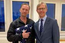 Michael White, left, and Brian Hook, the US special envoy to Iran at the time, in Zurich, Switzerland, following White’s release from prison in 2020. US State Department photo.