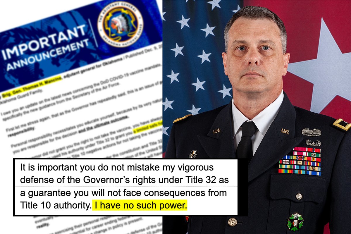 Brig. Gen. Thomas Mancino of the Oklahoma National Guard says he has “no such power” to exempt members from the COVID vaccine mandate. Oklahoma National Guard photo.