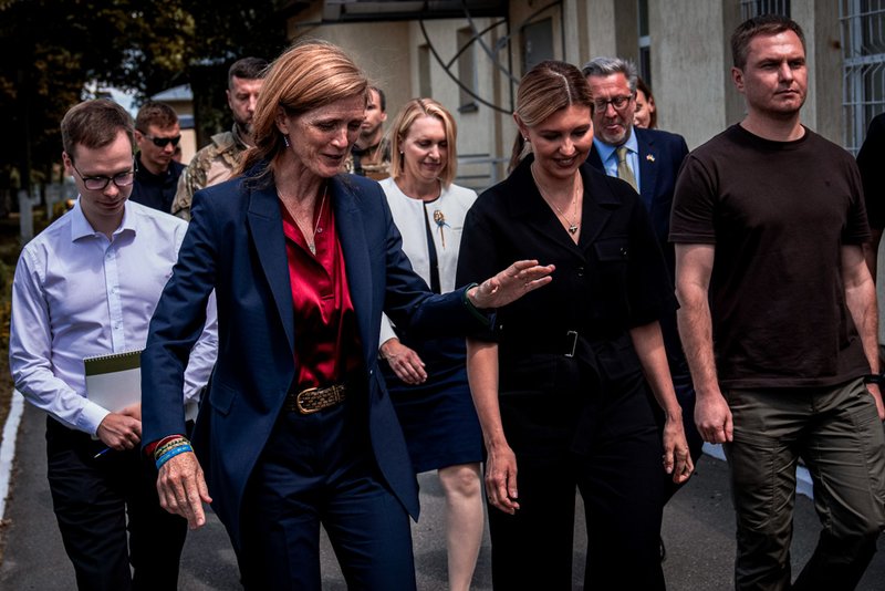 U.S. Agency for International Development Administrator Samantha Power, left, talks with Ukraine's first lady Olena Zelenska as they visit a health clinic in Irpin, Ukraine.