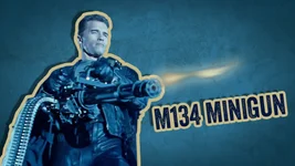 Actor Arnold Schwartzenegger starred as a cyborg assassin in the movie Terminator 2 and used the M134 Minigun during one of his epic rampages. Composite by Coffee or Die Magazine.
