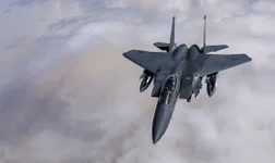 A U.S. Air Force F-15E Strike Eagle breaks away after being refueled by a KC-135 Stratotanker Oct. 25, 2018, while flying over Iraq in support of Operation Inherent Resolve. The F-15E was designed in the 1980s for long-range, high-speed interdiction missions. (U.S. Air Force photo/Staff Sgt. Clayton Cupit)