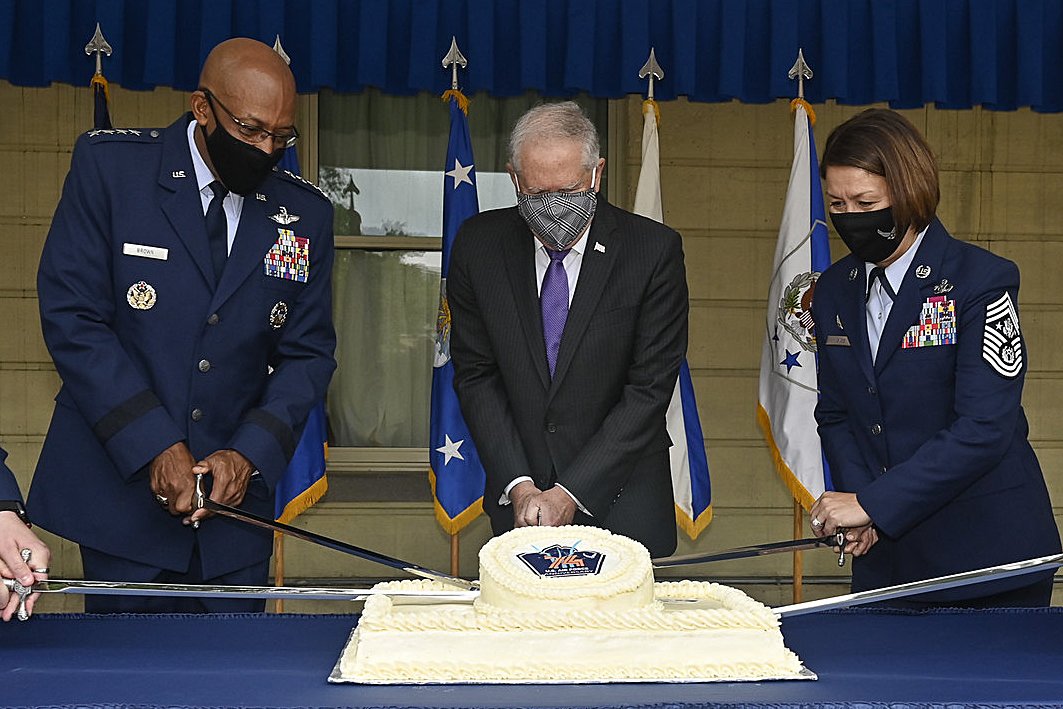 Air Force Chief of Staff Gen. CQ Brown Jr., Secretary of the Air Force Frank Kendall, and Chief Master Sgt. of the Air Force JoAnne S. Bass cut the cake during the Air Force’s 74th birthday celebration at the Pentagon in Arlington, Va., Sept. 17. US Air Force photo by Eric Dietrich.