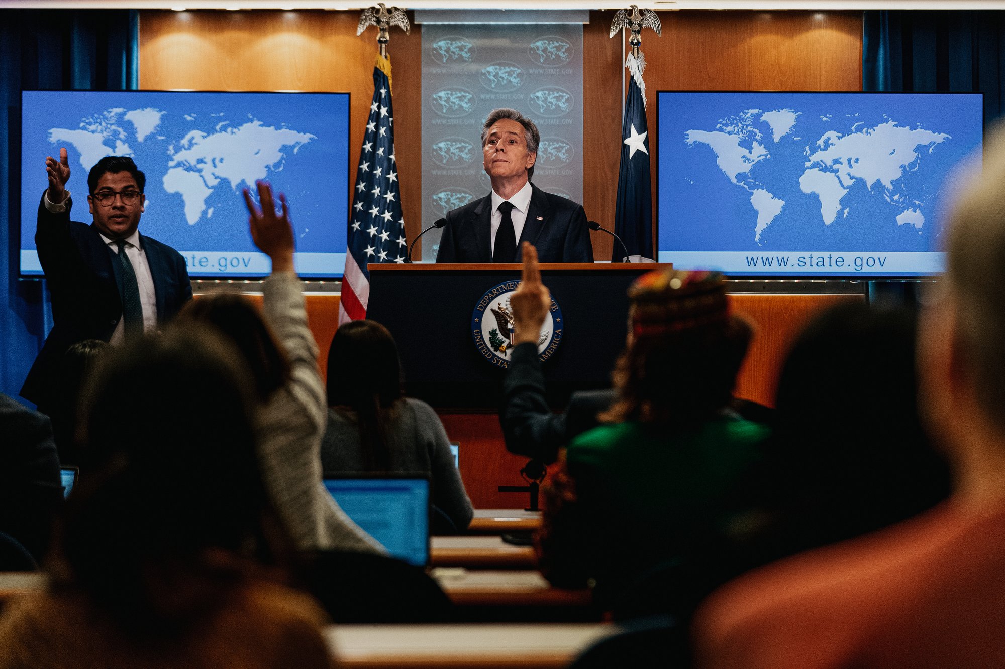 Secretary of State Antony Blinken takes a question from a reporter at a briefing on the 2022 Country Reports on Human Rights Practices at the State Department in Washington, Monday, March 20, 2023. (AP Photo/Andrew Harnik)