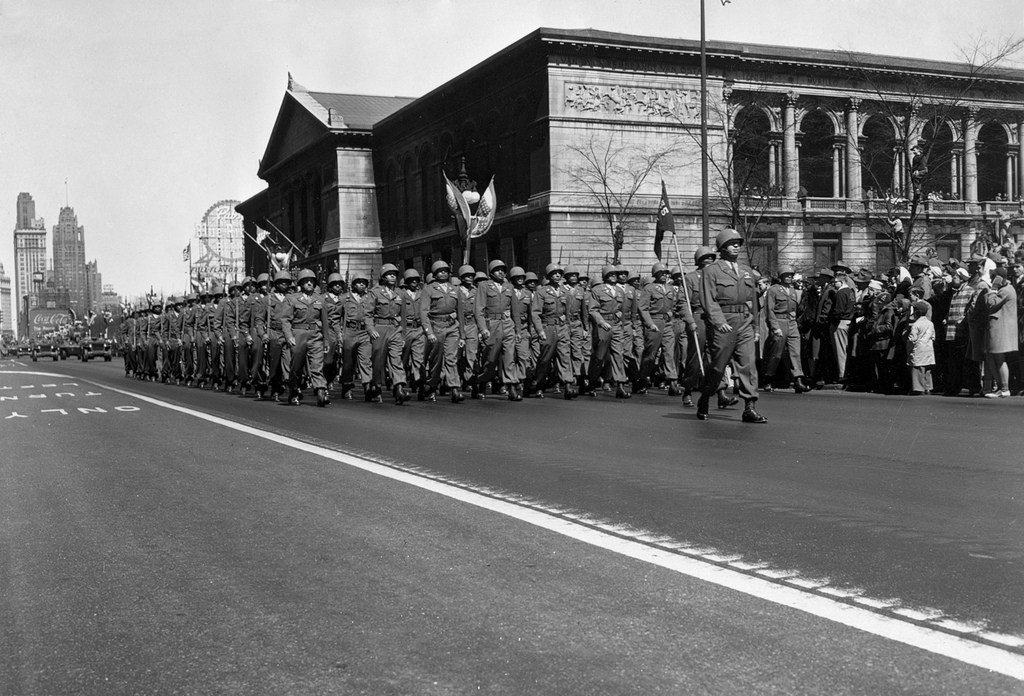 The men of the 555th Parachute Infantry Regiment march in the New York City Victory Parade on January 12, 1946. Maj. Gen. Jim Gavin ensured the “Triple Nickles” not only marched in the parade, but wore the insignia of the 82nd Airborne Division. Photo by Maj. Thomas Cieslak/3rd Brigade Combat Team, 82nd Airborne Division, courtesy of the U.S. Army.