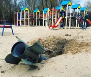 A picture released by the Ukrainian Ministry of Defense appears to show a spent rocket engine impacted just feet from a playground in central Chernihiv, a city that Russian forces are believed to have withdrawn from in recent days. Coffee or Die magazine confirmed the geolocation of the playground in Chernihiv.