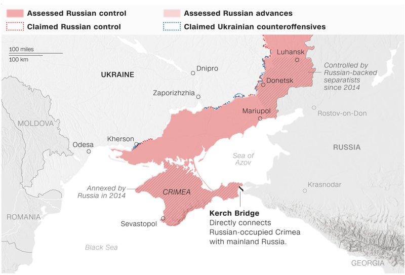 A map of Ukraine and Crimea, pointing out where the Kerch bridge exists.